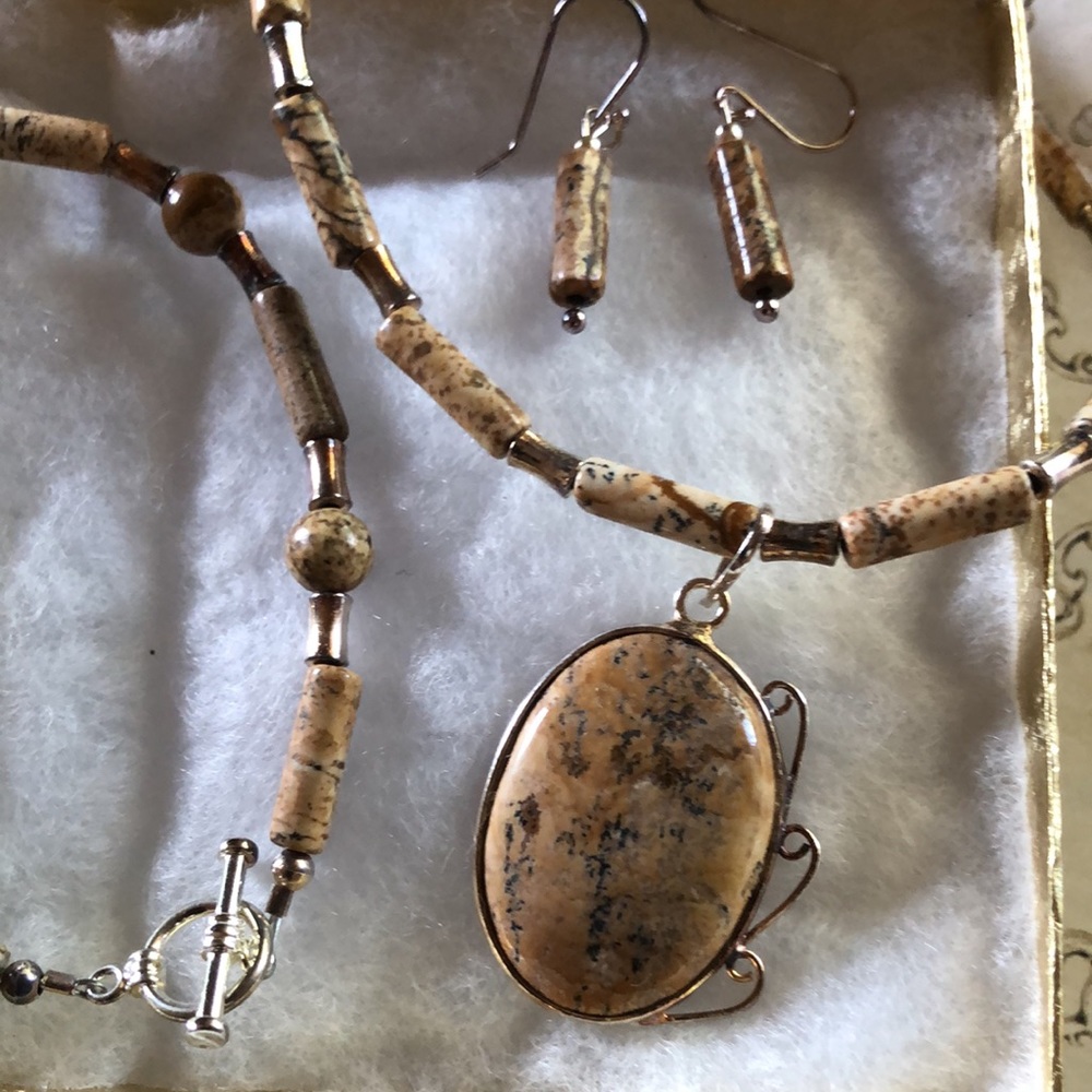 Handmade handcrafted picture jasper bead necklace with bracelet & earrings NEW